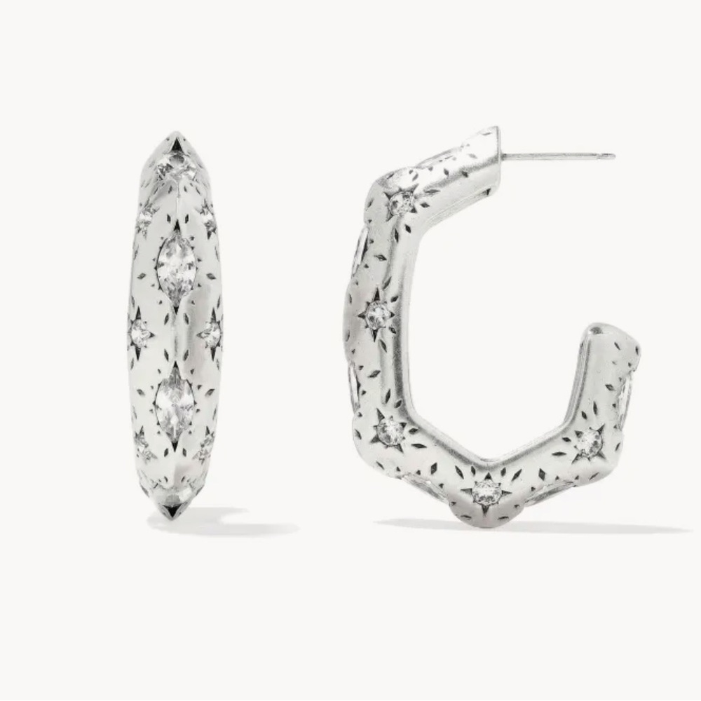 NWT Kendra Scott Holland Vintage Silver Hoop Earrings In White Crystal